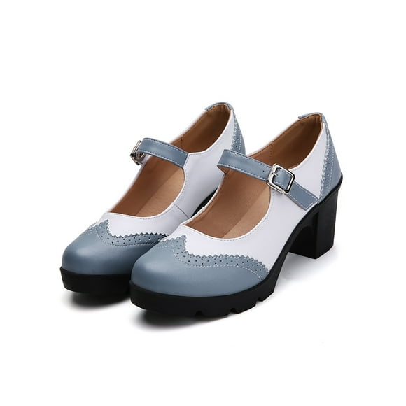 Woobling Womens High Heels Chunky Casual Shoe Buckle Mary  Comfort Dress Pumps School Non-slip Ankle Shoes Blue White 8