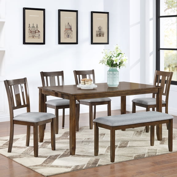 YIYADO 6-Person Dining Table Set, Rectangular Wooden Dining Table, 4 Upholstered Chairs and A Bench, Walnut Dining Table, Brown