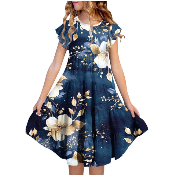Girls Floral Dress Tiered Ruffle with Pockets Navy Blue Multicolor Casual Party Dress Cap Sleeves for Kids 4-13 Years,Size 8-9T