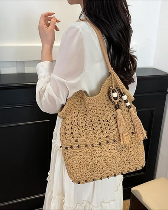 Crochet Hobo Bag for Women Boho Woven Tote Bag Summer Vacation Beach Handbags Bohemian Shoulder Purse with Tassels