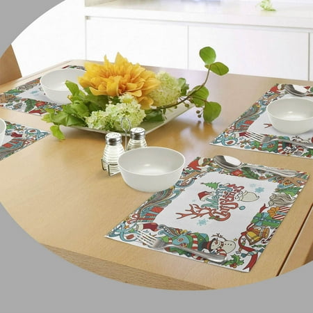 

Colorful Frame Seasonal Elements Santa Snowman Gingerbread Cookie Washable Fabric Placemats for Dining Table Standard Size White Coral