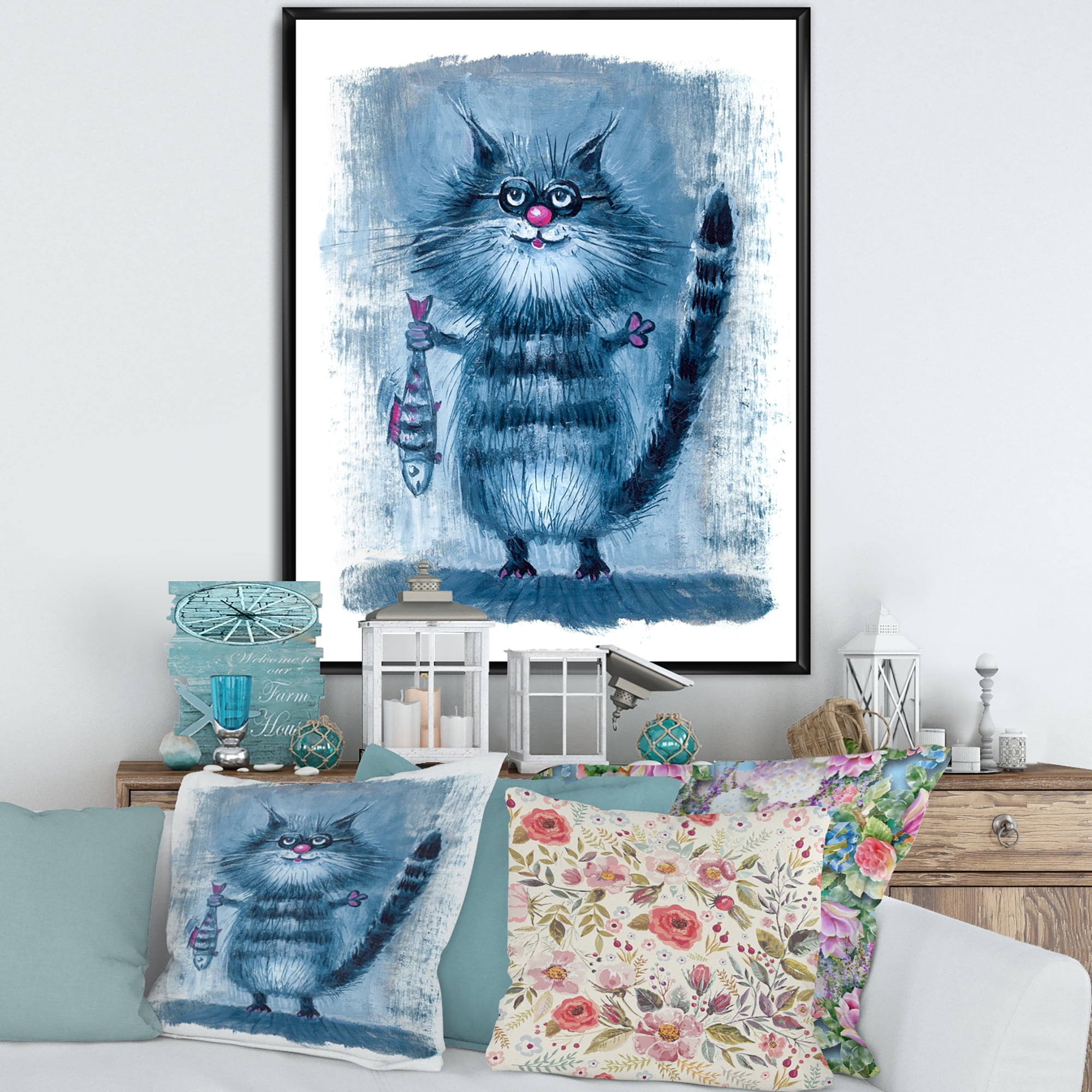 Standing Cat Holding A Fish In Its Claws 16 in x 32 in Framed Painting Canvas Art Print, by Designart