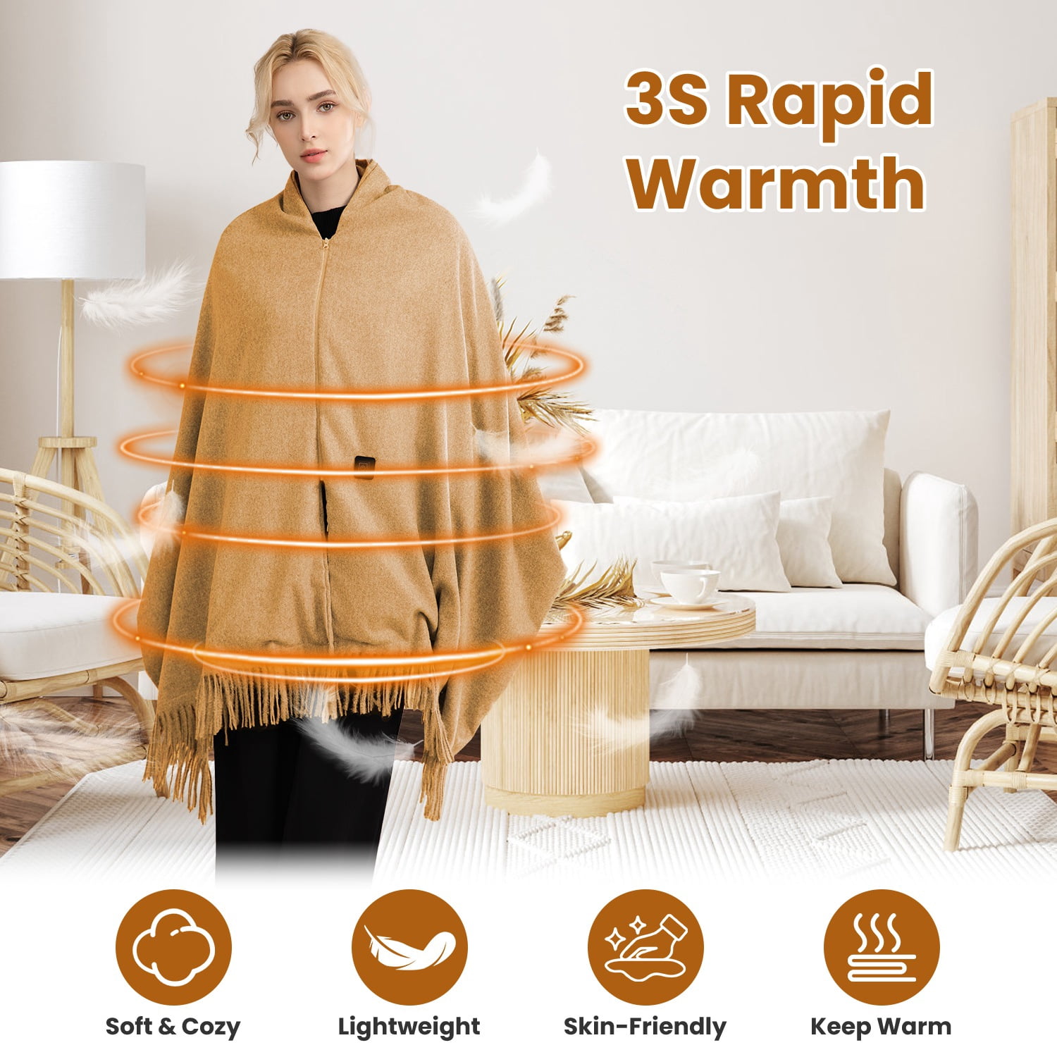 71"x24" Electric Heated Throw Blanket Portable USB Heated Shawl Wearable Heating Blanket with Zipper 3 Heating Levels Machine Washable Brown