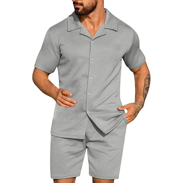 NTACZA 2 Pieces Shorts Set Men Button Down Short Sleeve Tracksuits Solid Casual Big And Tall Sweatsuits L