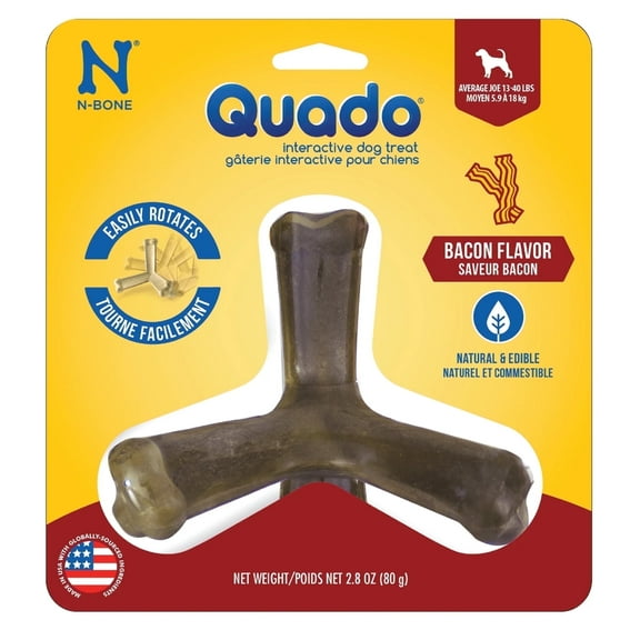 N-Bone®  Quado®  Dried Interactive Dog Chews. Bacon Flavor, Average Joe, Medium, 1 count,  2.8 oz, for Small & Medium Dog, Natural, Edible, 100% Digestible Dog Chews Alternative to Plastic Toys