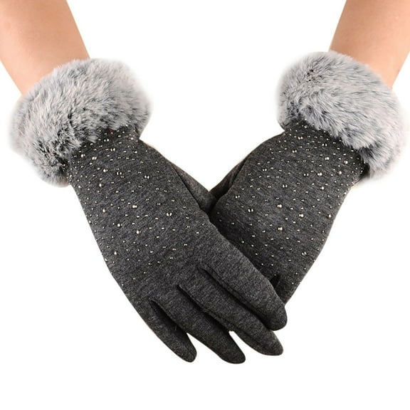 Lovzfmll Women's Fashion Gloves with Rhinestone, Fur Cuff Party Evening Gloves, Dressy Winter Accessories for Events, Gray