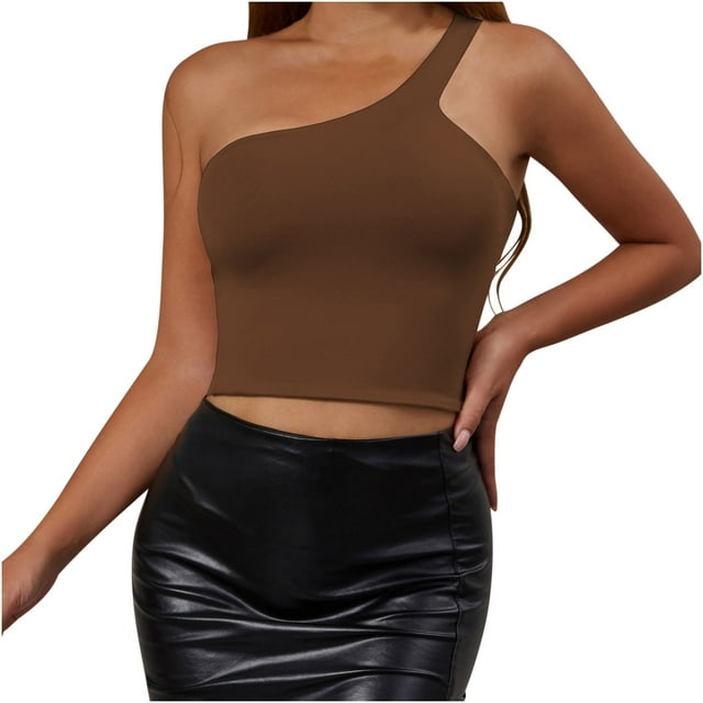 Dealovy Womens Tank Tops Sleeveless Ribbed Knit Solid Color Slim Fitted 1 Shoulder Crop Going out Tops