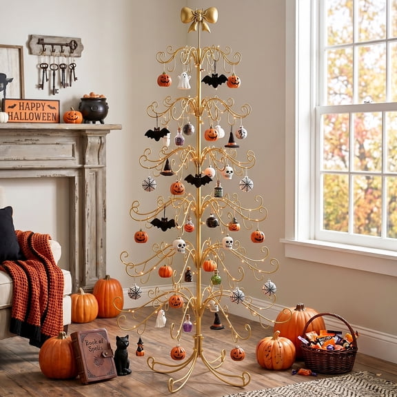 UBesGoo 6ft Wrought Iron Christmas Tree, Metal Display Stand for Holiday Decor, Indoor Outdoor Use, Gold,Decorative Bow,without Decorative Accessories