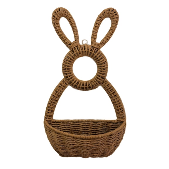 OEFNTAC Easter Decorations Spring Decor Diy Hand Woven Wicker Bunny Basket Hanging Wall Pocket for Front Door, Fireplace Celebrate Easter Festive Decor 8.6x15in