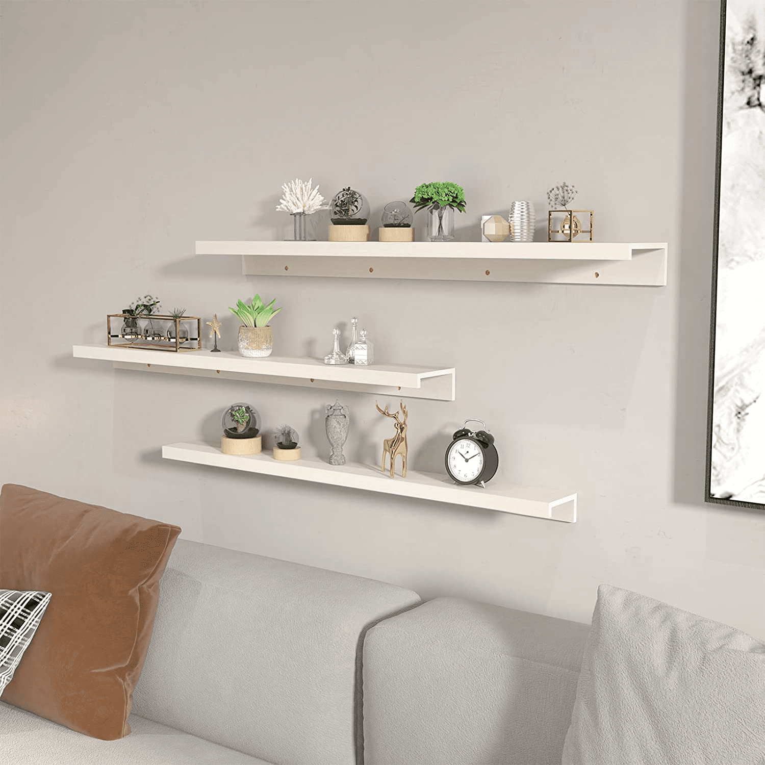 47 Inch Floating Wall Shelves Set of 3, White Picture Ledge Shelf for