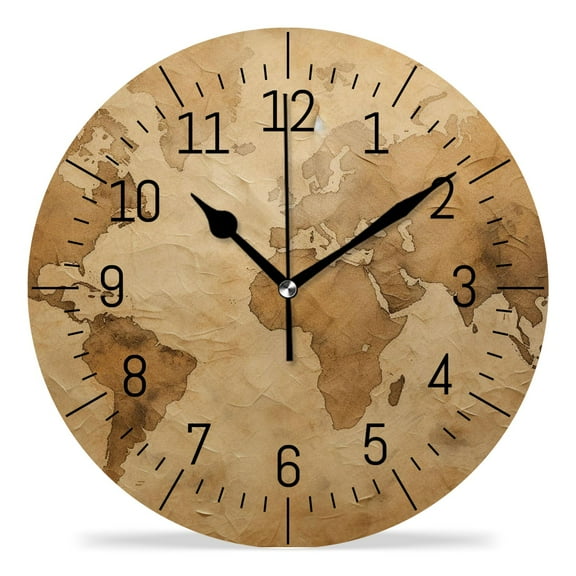 erolrail Rustic Wall Clock,Silent Non Ticking Wall Clocks for Living Room,Bedroom,Kitchen 12IN World Map Drawing