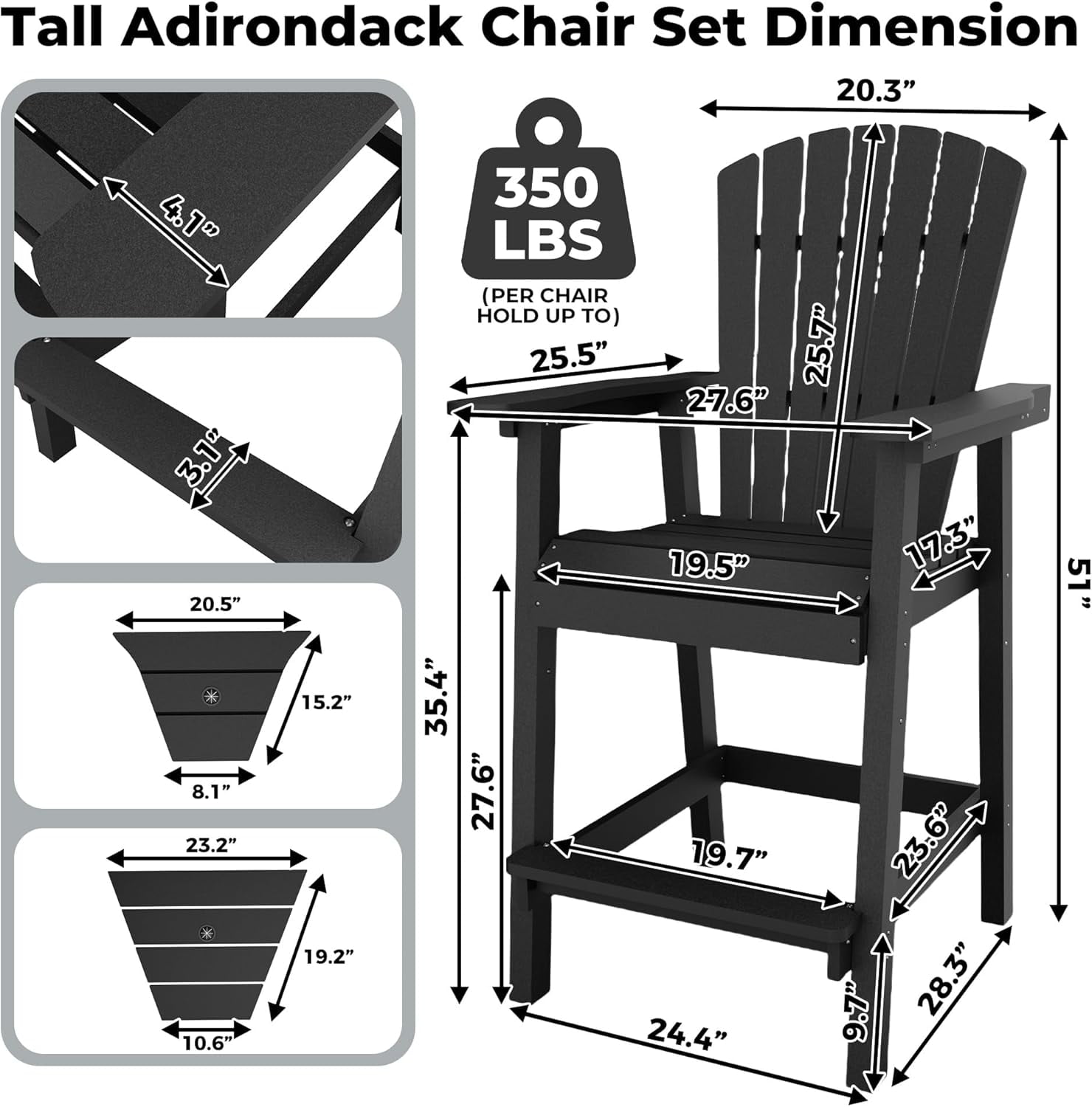 Outdoor Bar Height Adirondack Chairs with Connecting Tray,Balcony Chairs Recycled Poly Adirondack for Deck,Backyard,Outdoor Tall Adirondack Chairs Weather Resistant