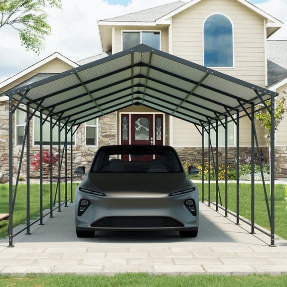 CarButler 12x32ft Metal Heavy Duty Carport with Galvanized Steel Roof and Frame,Outdoor Large Garage with 4 Fixed Inclined Square Tube Supports