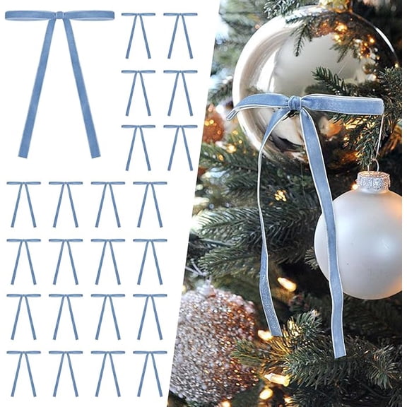 24 Pcs Light Blue Velvet Christmas Tree Bows Door Garland Decor Vintage Wreath Bow (3/8'' Wide, 5 * 7 inch)