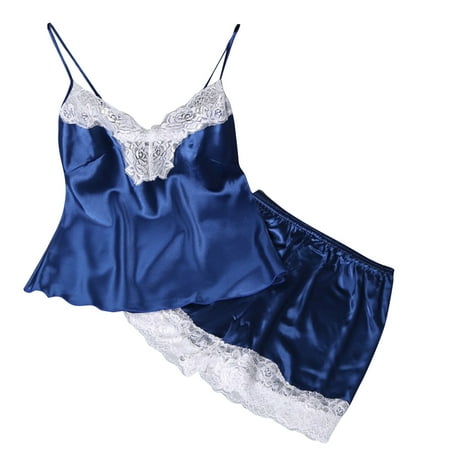 

Tangnade home pajamas Women Eyelash Silk Lace Sexy Underwear Stain Camisole Pajamas Shorts Set women Underwear Blue M