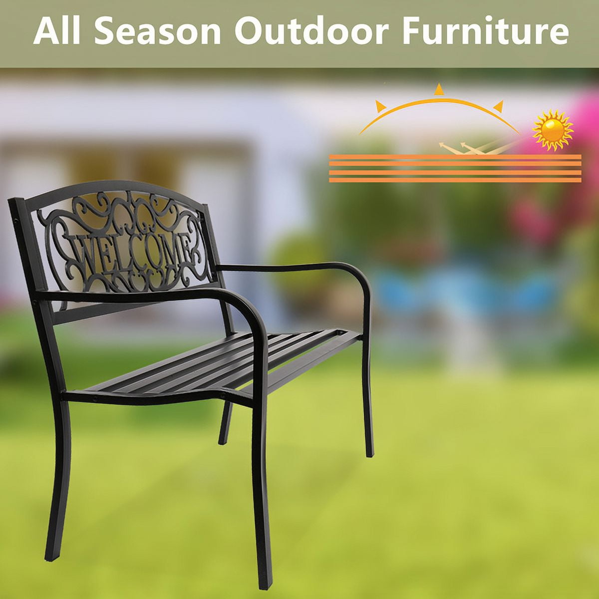 50" Black Outdoor Welcome Bench&nbsp;- 750lb Capacity Weather-Resistant Iron Bench w/ Curved Armrests & PVC Slats - Easy Assembly Patio Seating
