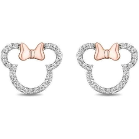 925 Sterling Silver 14K Rose Gold Plated Round Cut White Diamond Small Outline Mouse With Bow Push Back Stud Earrings Gift for Women