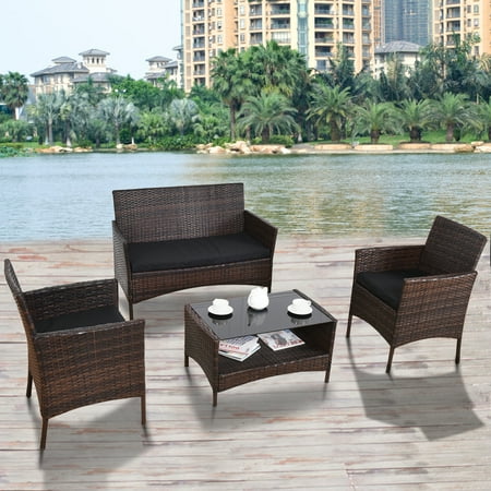4pcs Patio Rattan Furniture Set Outdoor Garden Table Chair Shelf W
