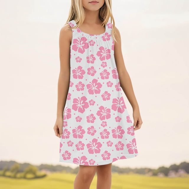 Robes de Printemps pour Filles Enfants Robe d'Été à Fleurs Sans Manches Plage Maillot de Bain Robe Débardeur Robe Bébé Blanche 4 Ans-5 Ans
