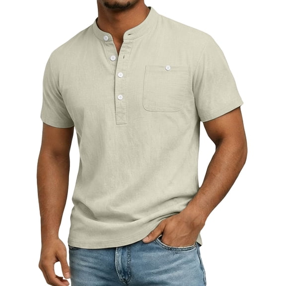 Men's Henley Short Sleeve Shirt, 100% Polyester Casual Stand Collar Button Down T-Shirt with Chest Pocket, Regular Fit Summer Tops for Men, S-3XL