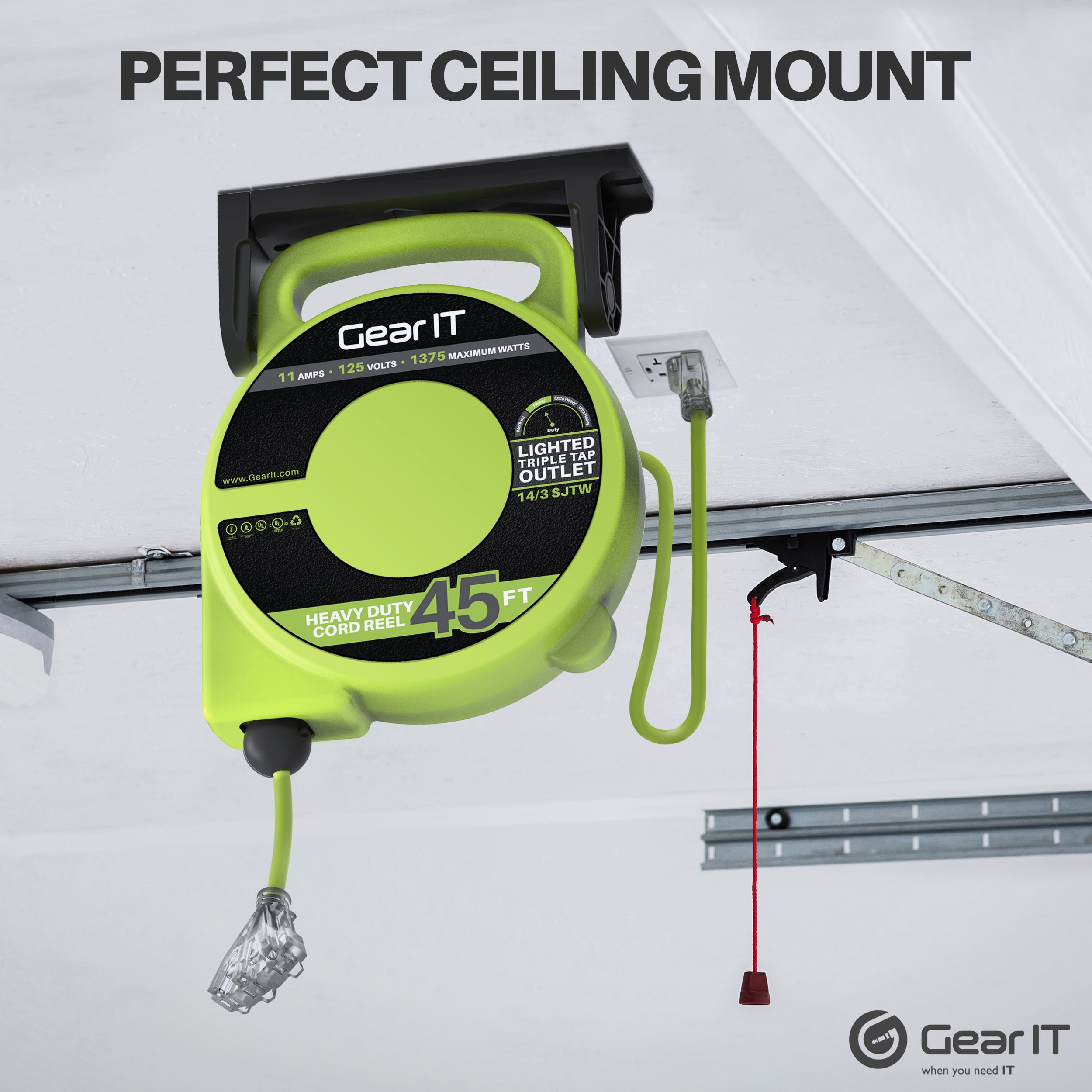 GearIT Retractable Extension Cord Reel (45ft) 14/3 AWG Gauge SJTW, 3 Outlets, LED Power Indicator, 11-Amps Circuit Breaker, 180 Degrees, UL Listed for Garage Ceiling Mount Workshop, Power Tool 45 Feet