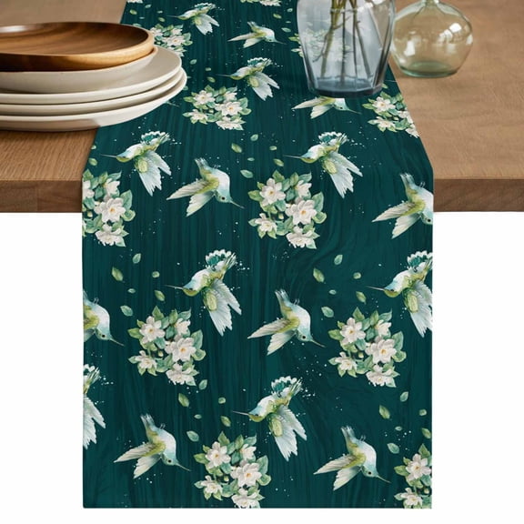 Table Runner 60 Inches Long for Kitchen Dining, Green Summer Botanical Dresser Scarf Farmhouse, Dining Table Decorations for Wedding/Parties, Spring Floral Birds Farmhouse 13 x 60 In