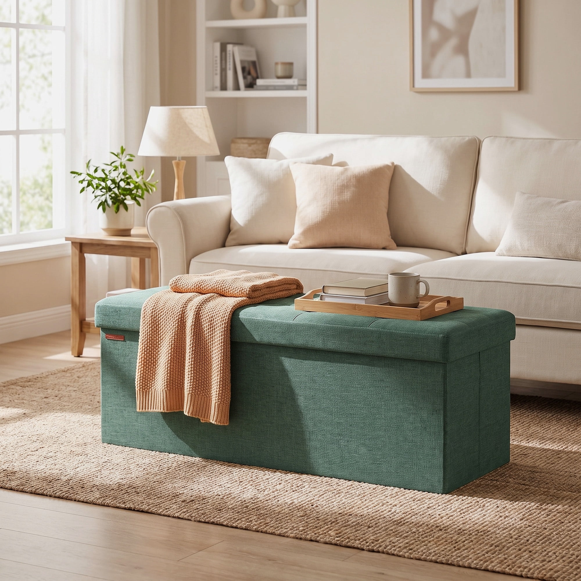 Ledrem Retro Green Foldable Storage Ottoman Bench with 660lb Capacity