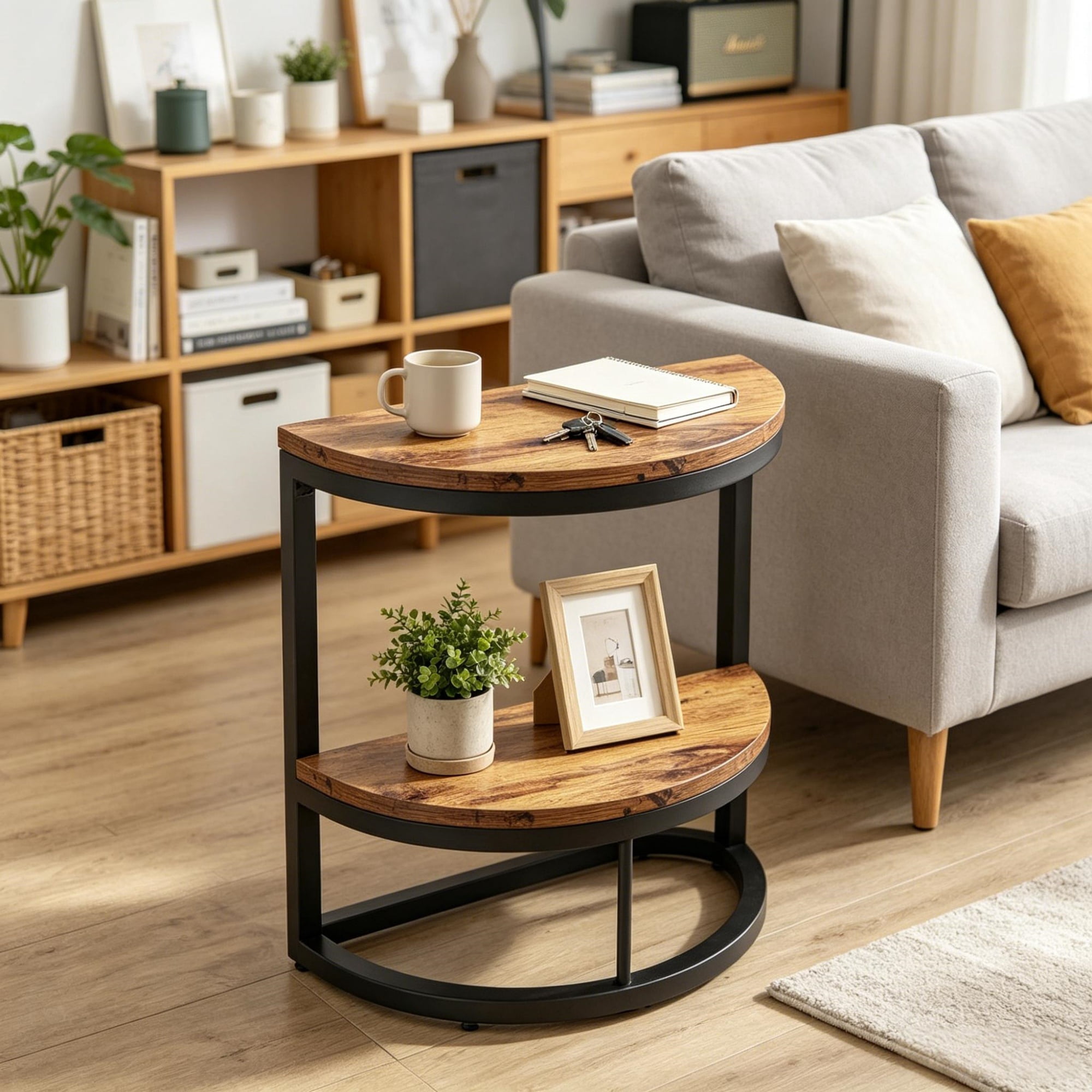 Half Moon Rustic Brown Side End Table, Minimalist Wall-Leaning Sofa Bedside Table with Thick Board Adjustable Feet for Small Living Room Bedroom Spaces