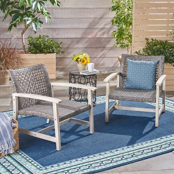 FFZ 28.25" Hampton Wood and Wicker Club Chair Set of 2 with Acacia Wood Frame, Grey+Black