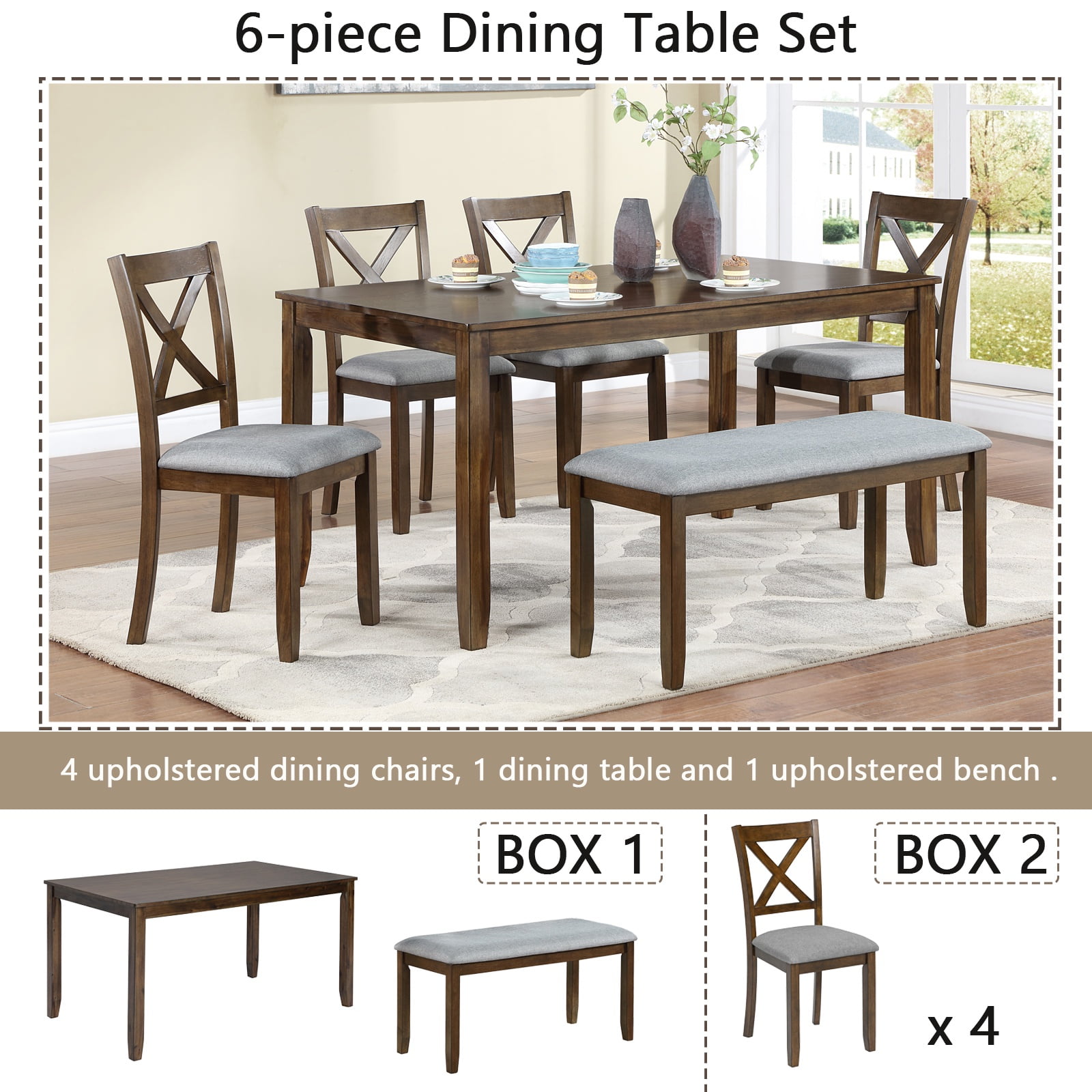 UHOMEPRO 6 Piece Dining Table Set with Bench and Chairs, Dining Table Set for 6, Rectangular Wooden Dining Table with 4 Upholstered Chairs and Bench, Dining Room Set for Kitchen, Walnut