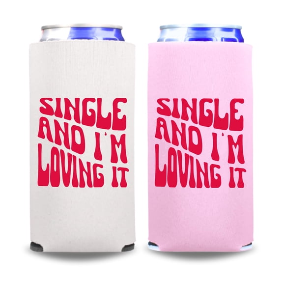 Valentine's Skinny Coolers, Single And I'm Loving It, Funny Valentine's Spiked Seltzer Coolies, Drink Accessory, Gag Gift and Party Favors (2 Pack (1 White & 1 Blush))