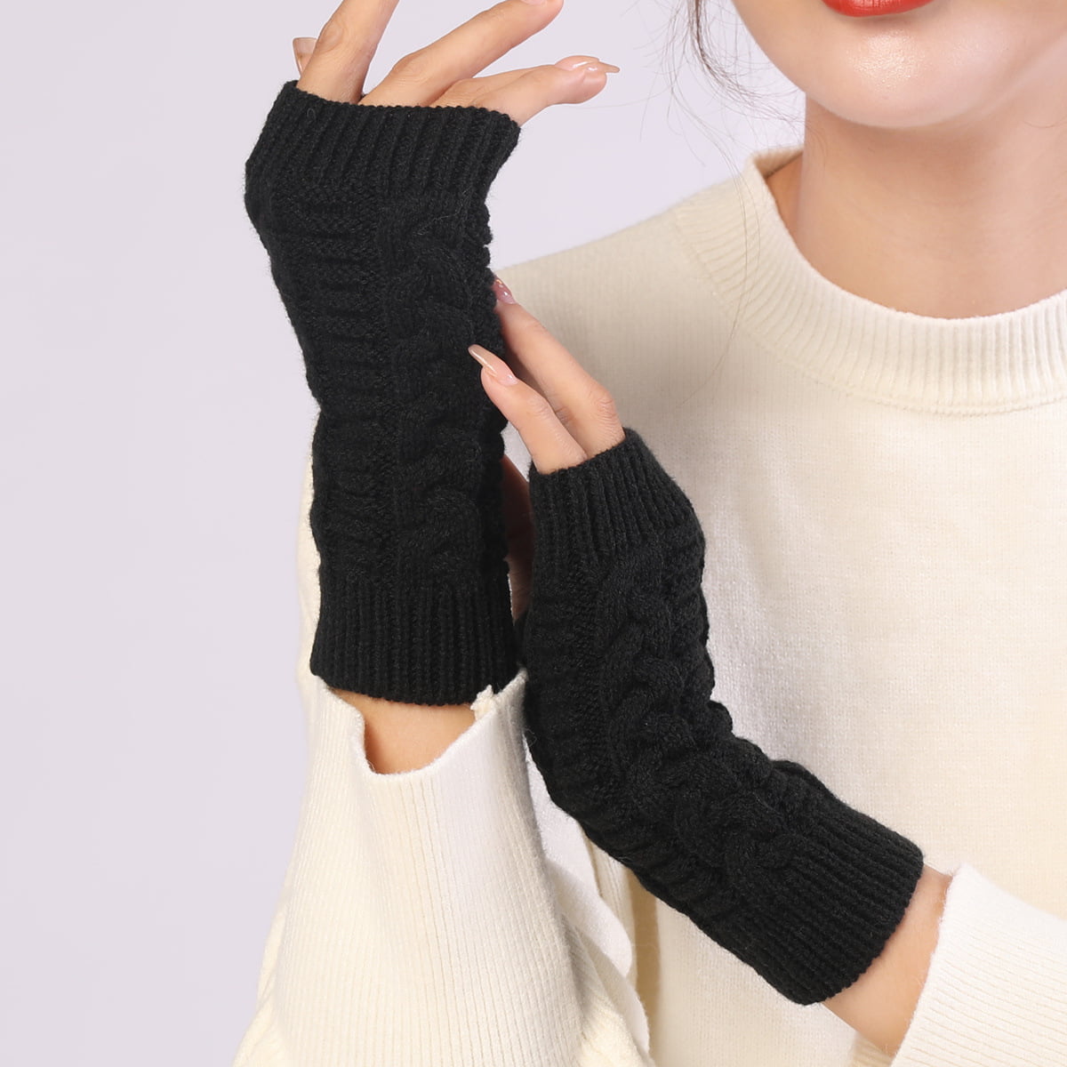 Free Shipping Flammi Skull Patterned Cable Knit Fingerless Gloves Thumb Hole .. 