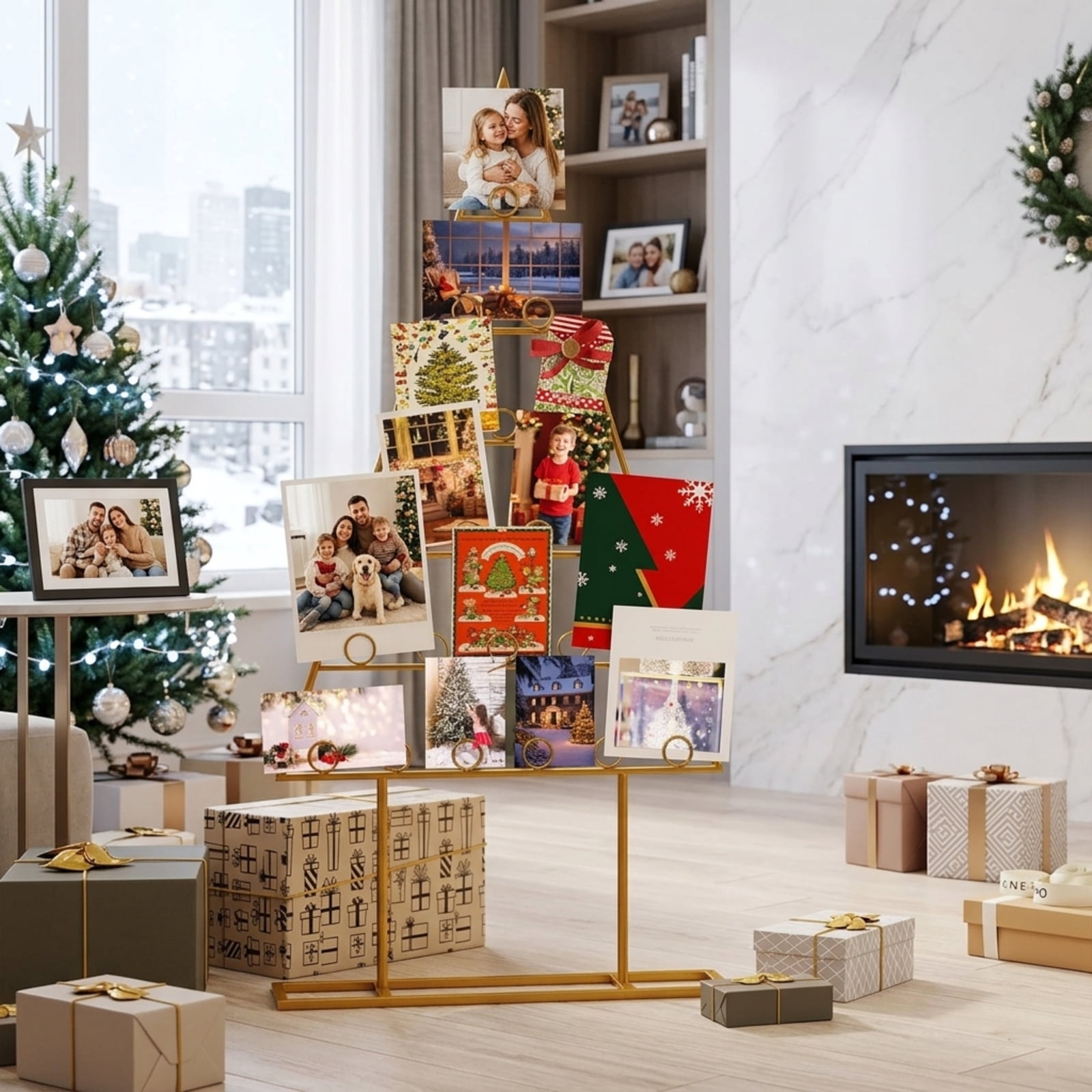 Vebreda 2 Pack Christmas Tree Card Photo Holder, 36 Round Clips Gold Metal Display Rack for Xmas Cards Pictures, Tabletop Holiday Decor for Home Office