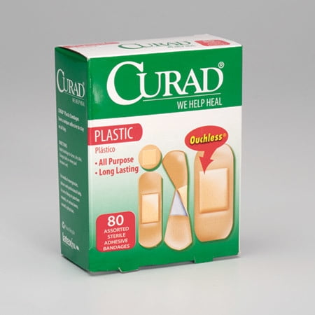 Strip Badges - Curad Adhesive Bandages, Plastic Strips, Assorted-Box of 80