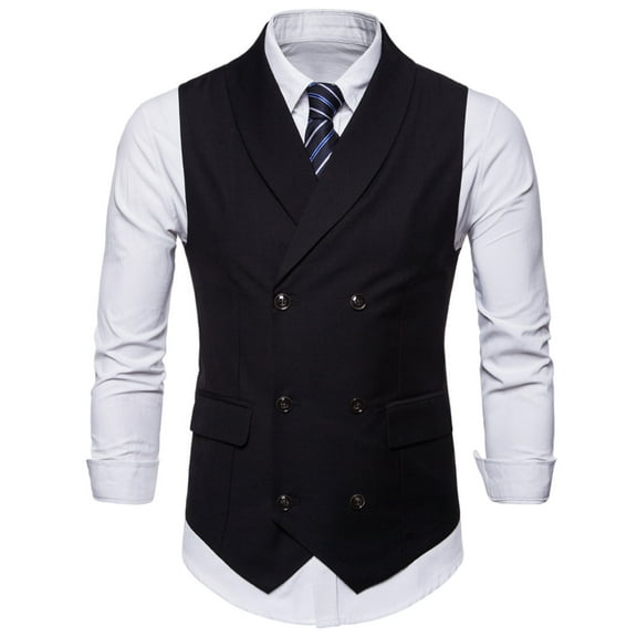 ZCFZJW Men's Suit Vest Double Breasted Dress Vest for Men Slim Fit Formal Business Waistcoat Tuxedo V-Neck Solid Vest for Wedding Black XXL