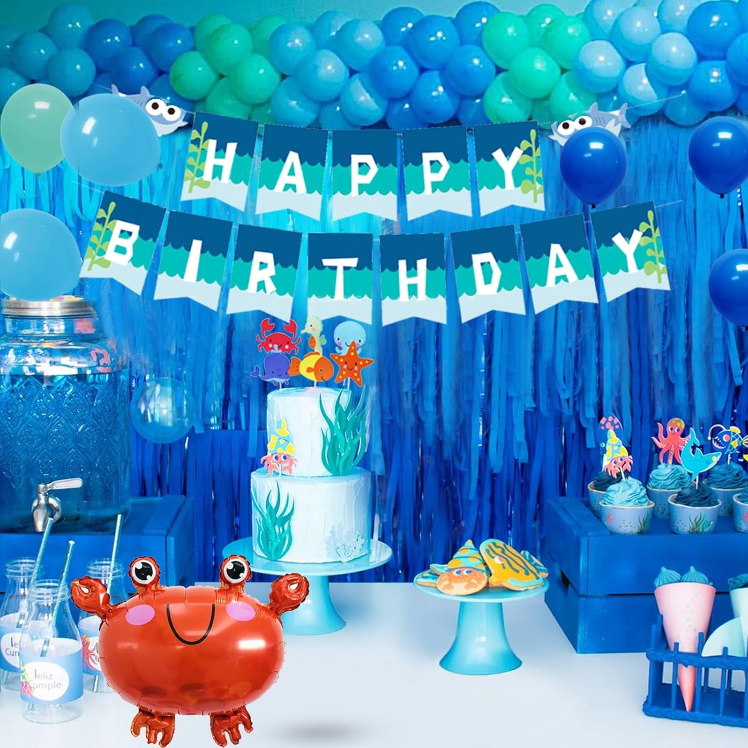 Under the Sea Party Decorations, Birthday Decorations for Kids Boys, Balloon Arch Kit with Happy Birthday Banner, Ocean Animals Balloons Party Decoration Supplies