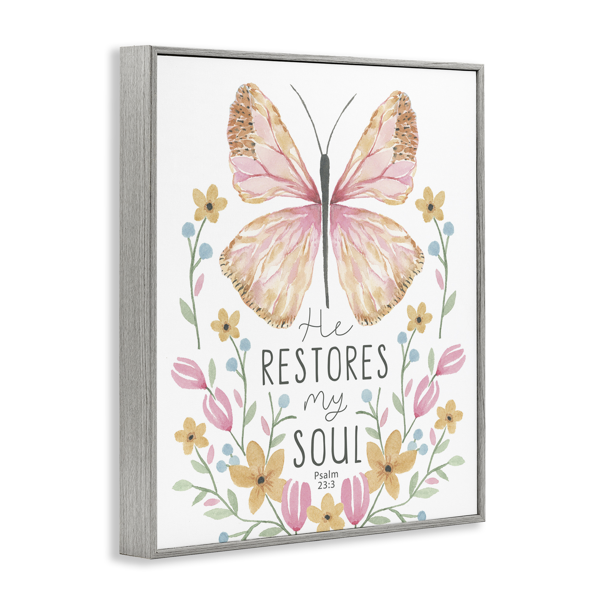 Stupell Industries Floral Restores My Soul Religious Painting Gray Framed Art Print Wall Art, 24 x 30