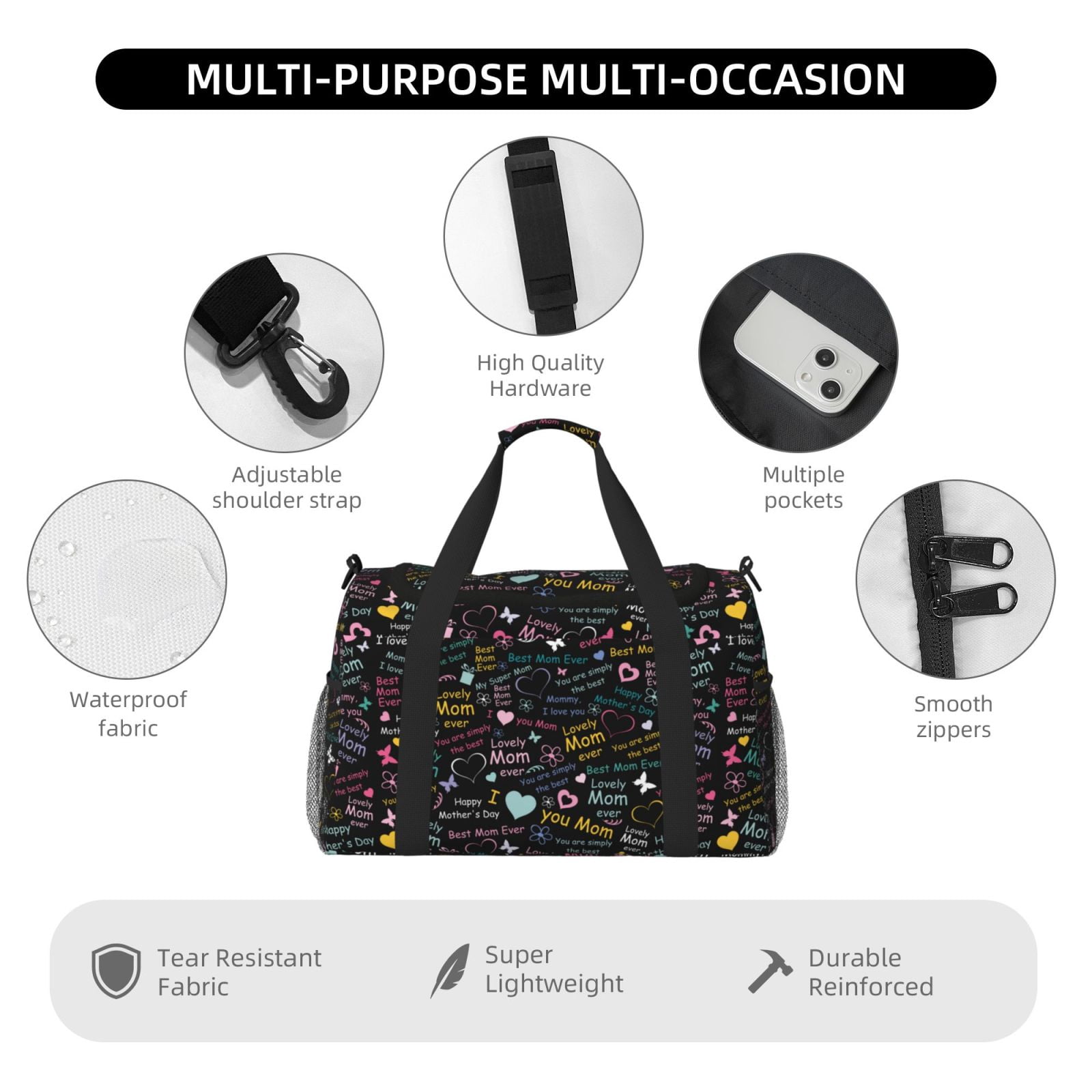 Fuzoiu I love you Mom Print Travel Duffle Bag,Carry On Tote Bags,Duffel Bag,Sport Gym Bag, Hospital Bag for Labor and Delivery, Overnight Bag,Luggage Bag