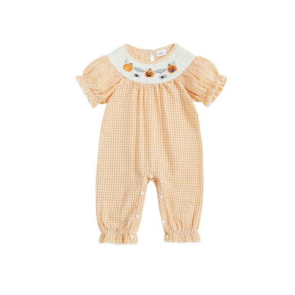 BemeyourBBs Halloween Baby Girls Jumpsuit Short Sleeve Plaid Pumpkin Romper