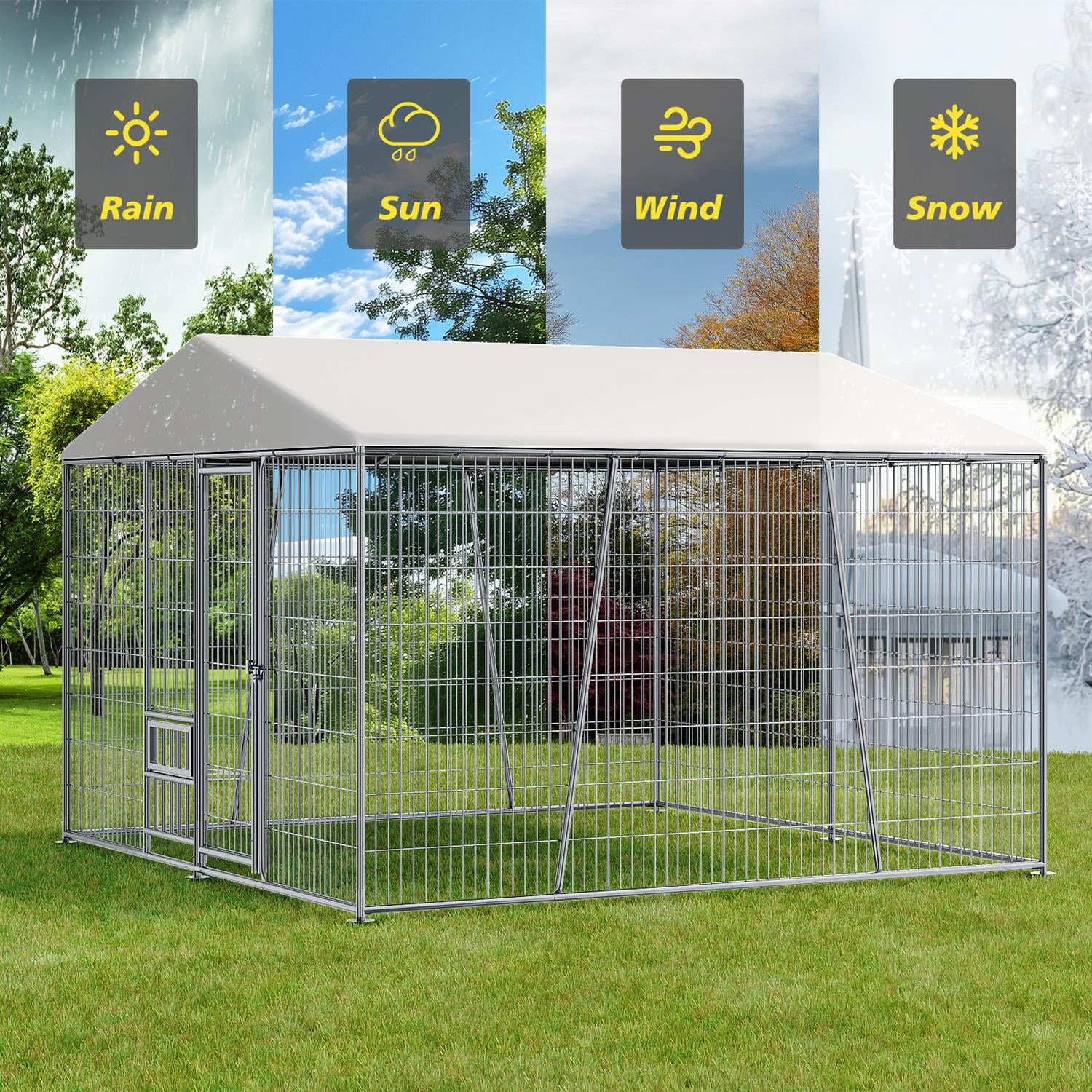Pefilos Heavy-Duty 10x10 FT Outdoor Dog Kennel with Feeding Bowl, Waterproof Roof & Secure Lock, Steel Material, Silver - Perfect for Large Pets
