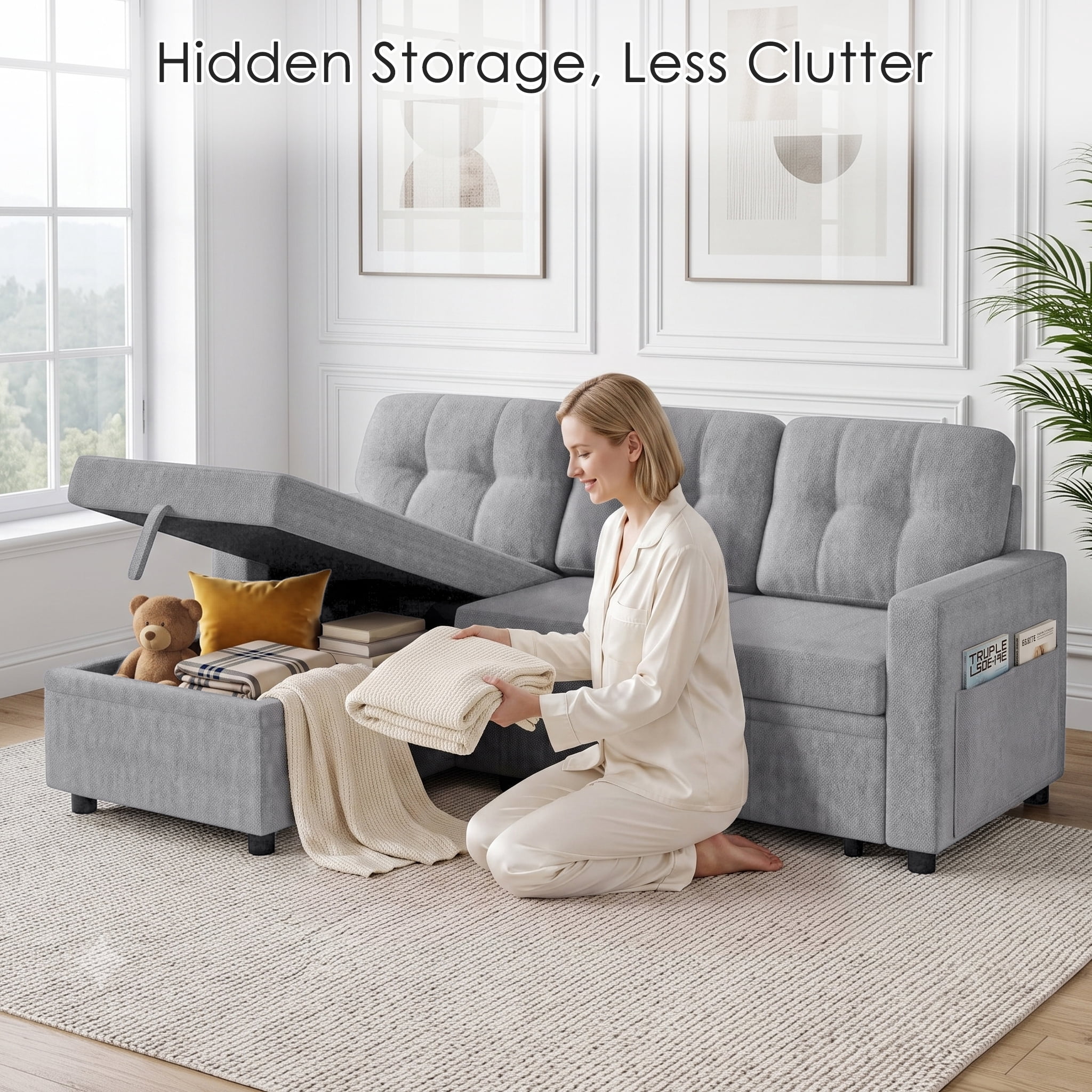 Xiweot Convertible Sleeper Sofa Bed, 82" L Shaped Sectional Couch with Pull Out Bed, Storage Chaise & Reversible Lounge, Teddy Fabric Compact Sectional Sofa for Living Room Apartment (Ligth Grey)