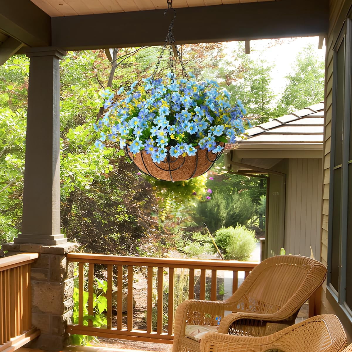 Artificial Hanging Flowers in Basket,Fake Daisy Plants Arrangement,inch Coconut Lining Basket Hanging Plant,Outdoor Indoor Patio Lawn Garden Porch Spring Decor (Dark Purple)