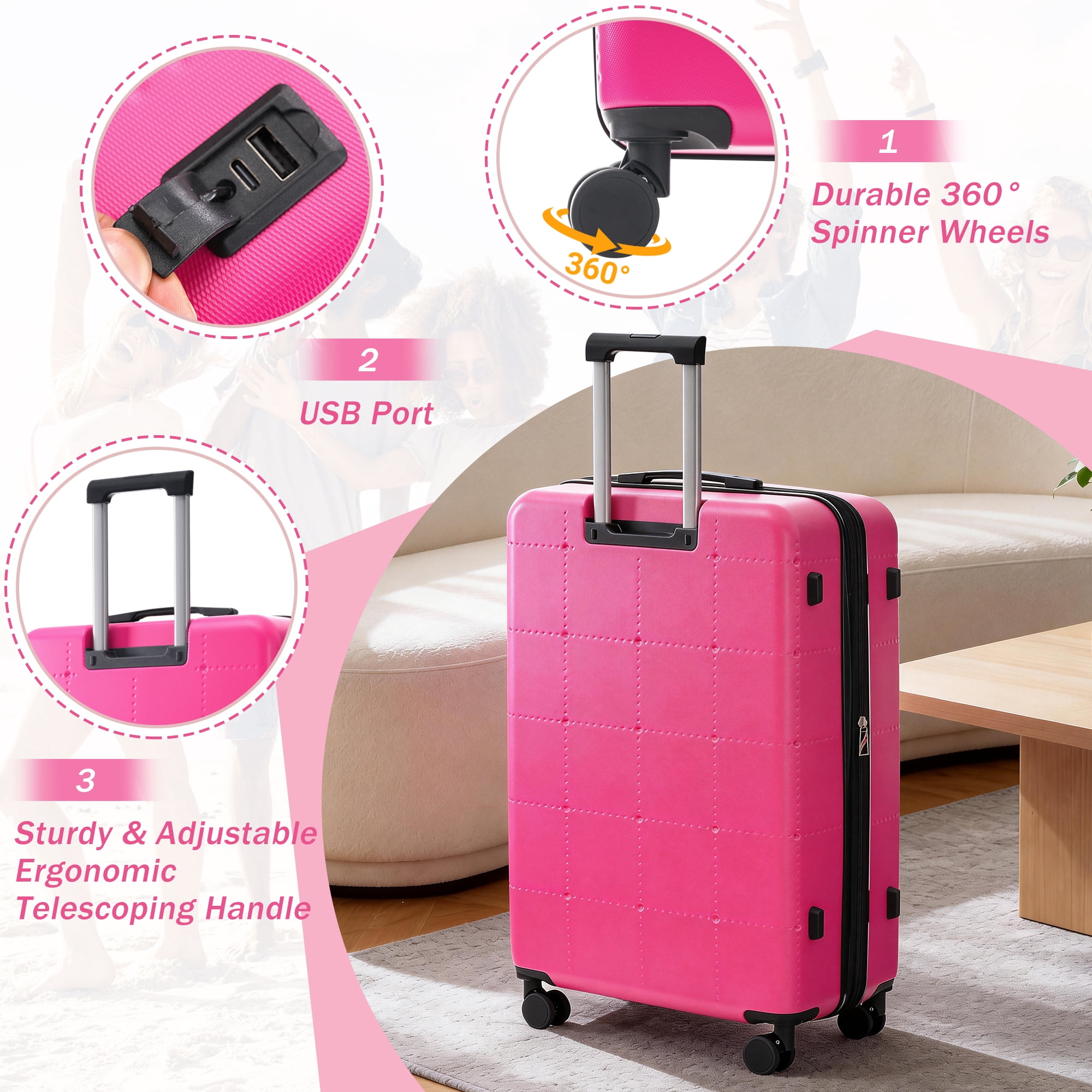 Euroco Luggage Sets 5 Piece, ABS Hardside Expandable Suitcase Set with TSA Lock Spinner Wheels and 2 Bags,20" Half-opening Carry on Luggage with USB Port for Travel,Pink(20"/24"/28")