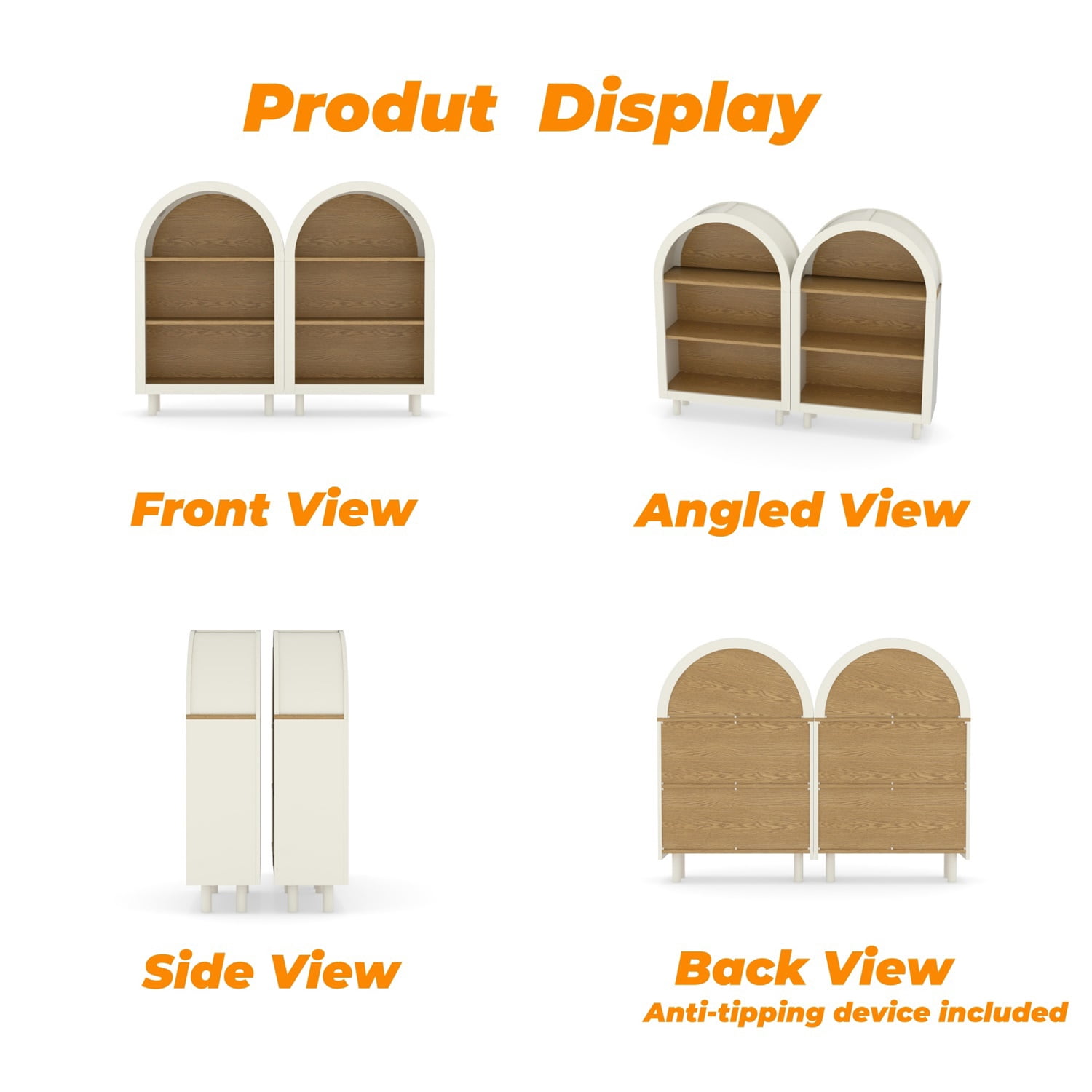 Hommoo 3-Tier Shelves Arched Bookcase Storage Cabinet Set,2 Pcs Wooden Modern 37.4"H Arched Top Bookshelf for Living Room, Bedroom, Entryway, White Oak