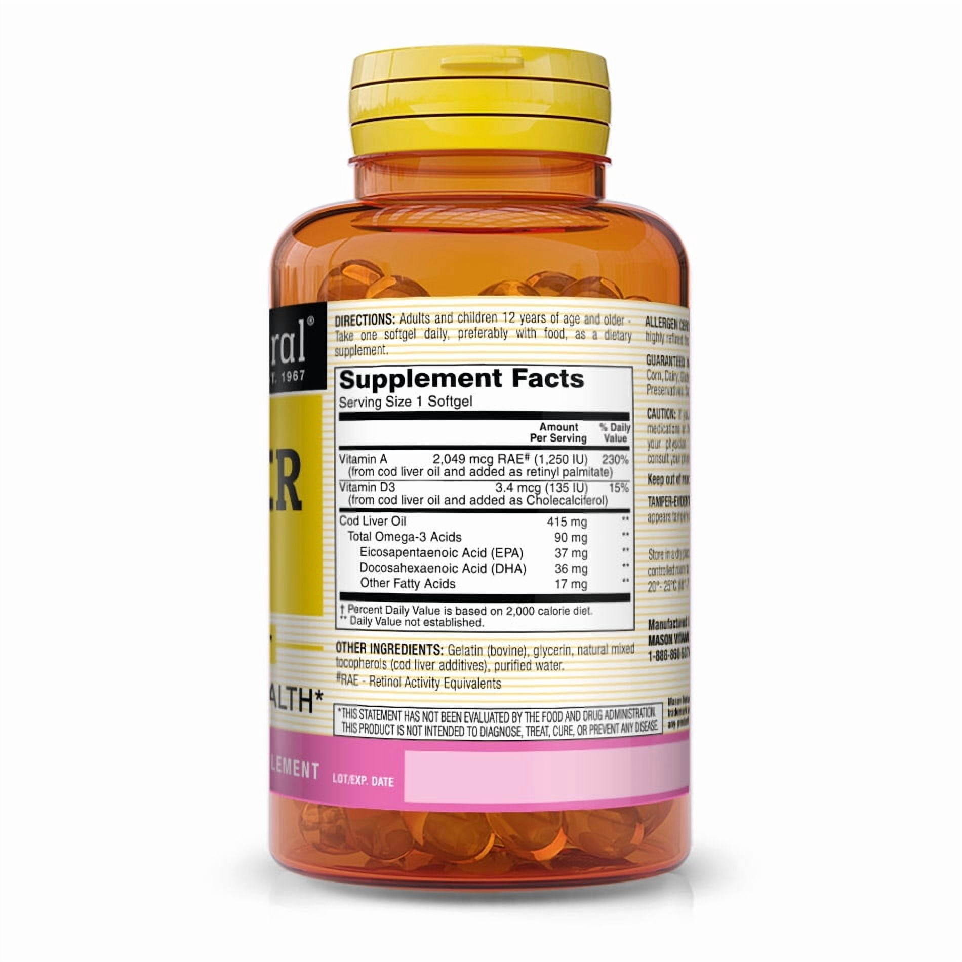 (3 pack) Mason Natural Norwegian Cod Liver Oil, 100 Softgels