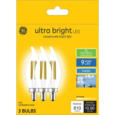

GE Ultra Bright LED Light Bulbs 75 Watt Daylight CA11 Bulbs Small Base Clear Finish 3pk