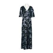 Adrianna Papell V-Neck Bell Sleeve Ruched Slit Front Zipper Back Metallic Floral Print CDC Dress-BLACK MULTI / 14