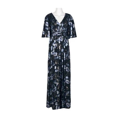 Adrianna Papell V-Neck Bell Sleeve Ruched Slit Front Zipper Back Metallic Floral Print CDC Dress-BLACK MULTI / 14