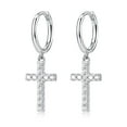 thumbnail image 5 of White Gold Plated Sterling Silver Hanging Dangle Cross Huggie Hoop Earrings Women, 5 of 5