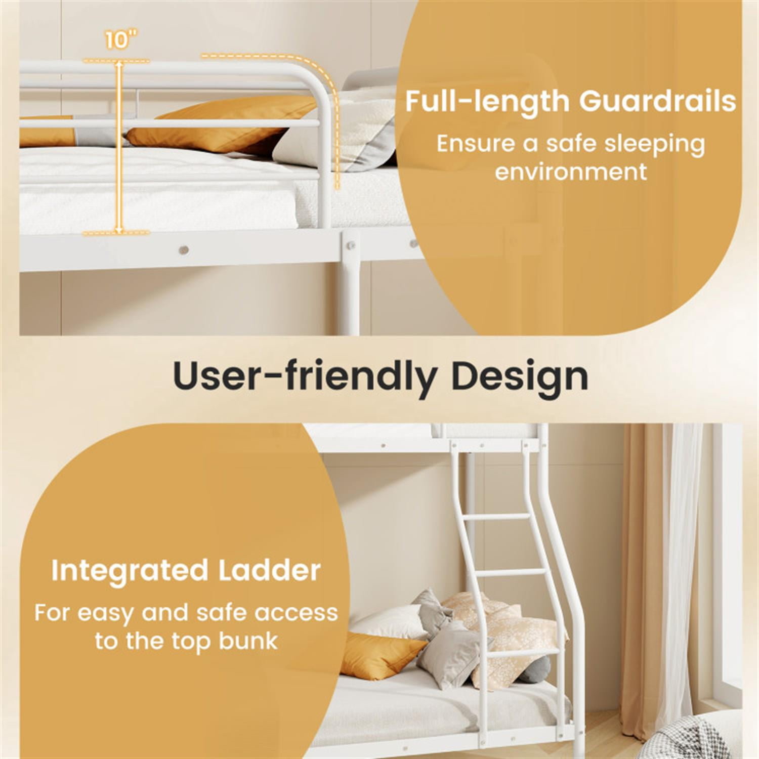 Demi Bonn Twin Over Full Bunk Bed with Ladder and Full-length Guardrails, Metal Bunkbeds for Bedroom, No Box Spring Needed, White